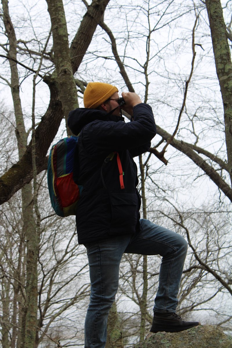 Thor in a yellow beanie looking through binoculars in a bare winter forest