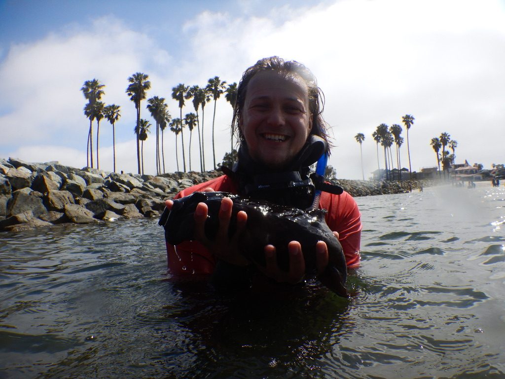 Thor in the ocean, grinning and holding a sea creature up to the camera, palm trees behind